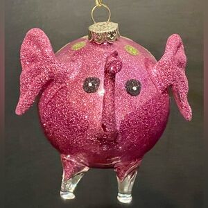 Vintage Pier 1 Pink Glitter Elephant with Gold Polka Dots hand blown Ornament